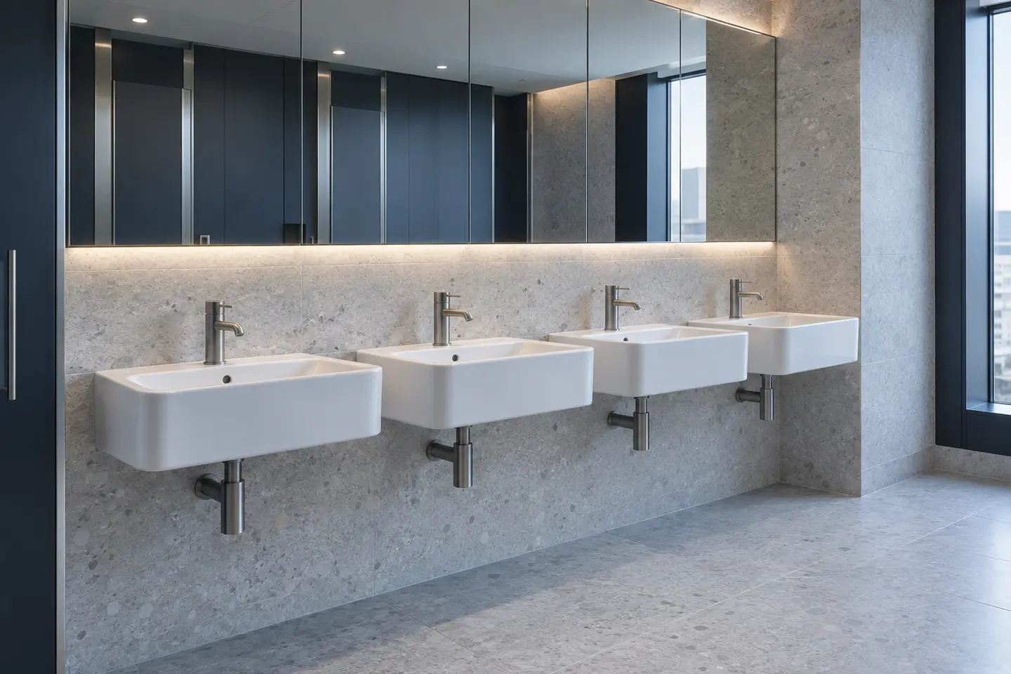 AI-generated concept image of a commercial washroom, not a completed Civanta project.