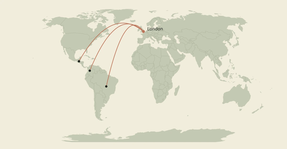 Coffee Atlas: Brazil, Colombia and Guatemala connect conceptually to London.