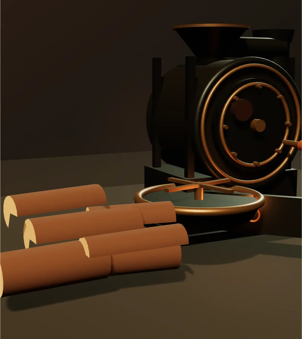 Close view of the procedural roasting scene.
