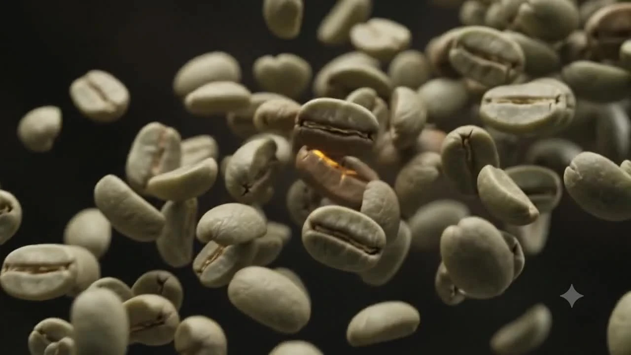 A frame from the supplied AI-assisted roasting film showing green coffee beans.