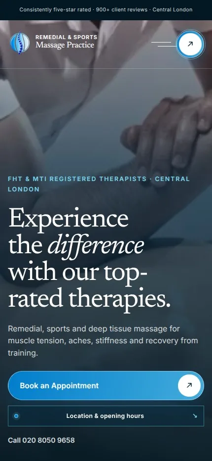 Massage Practice homepage on mobile