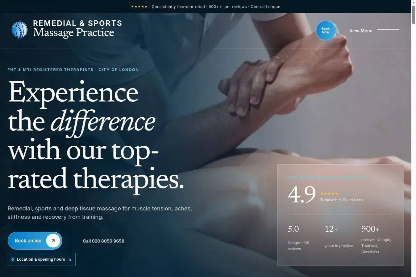Massage Practice homepage on desktop