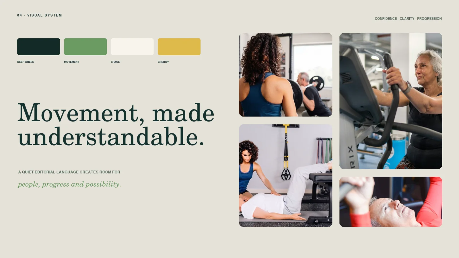 Osteogym visual system with its colour palette, editorial typography and movement photography